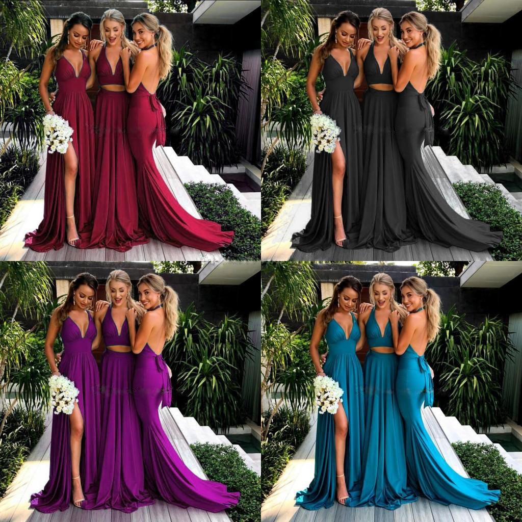 2020 Summer New European And American Foreign Trade Women&#039;s Clothing Amazon Cross-border New Strap Deep V Dress Bridesmaid Dress New