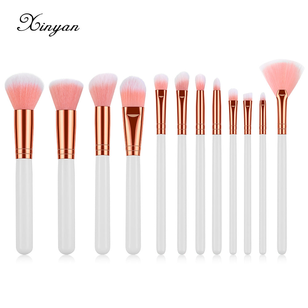 12pcs Wooden Handle Pink Bristle Makeup Brush Set Beauty Tools